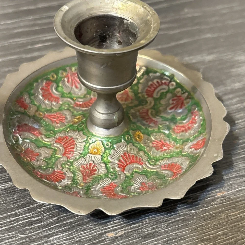 Vtg Enameled Cloisonne Brass Hand Paint‎ s Flamingos Candlestick Candle Holder